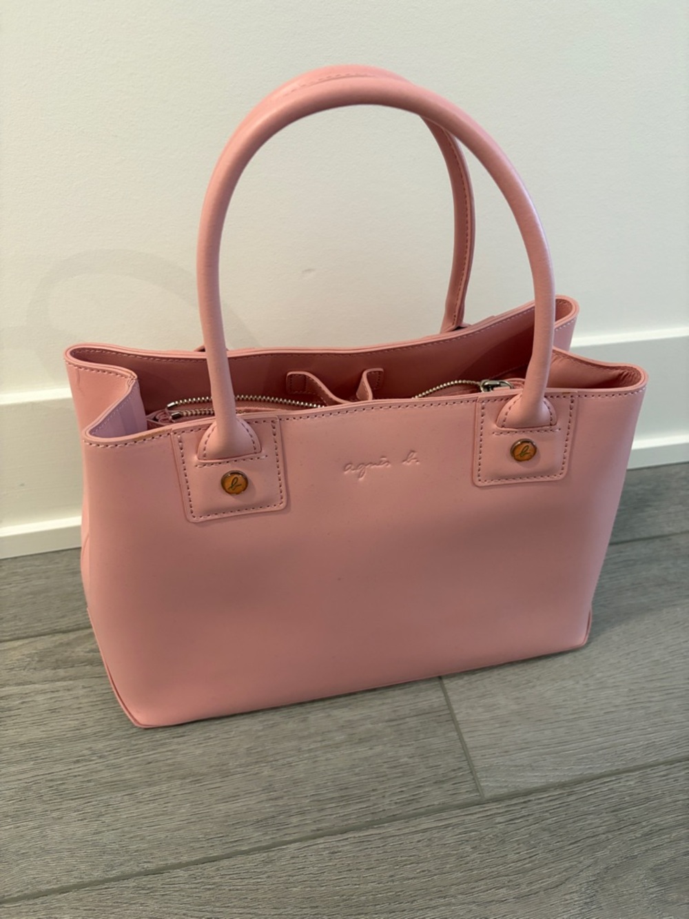 💯 Authentic Agnes B. Pastel Pink Structured Leather Tote